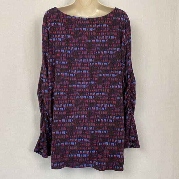 Susan Graver Top 2X Brushed Liquid Knit Purple Abstract Geo Bell Sleeve A343073 - Picture 4 of 11